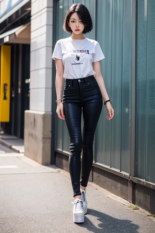 One girl standing(Lots of eyelashes,Double Eyes,slim,Black skinny jeans,Tight grey t-shirt,Platform shoes,front),Short Bob(Black Hair,Straight Hair),Real