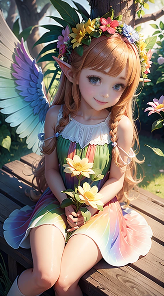 cute little Flowe rFairy, ,Big gradient angel wings Big wings Angel wings Rainbow gradient long hair Pointed ears Flower crown Dress made of leaves Flowers Sitting on a big flower Big flower Smiling gently Sparkling Sunshine