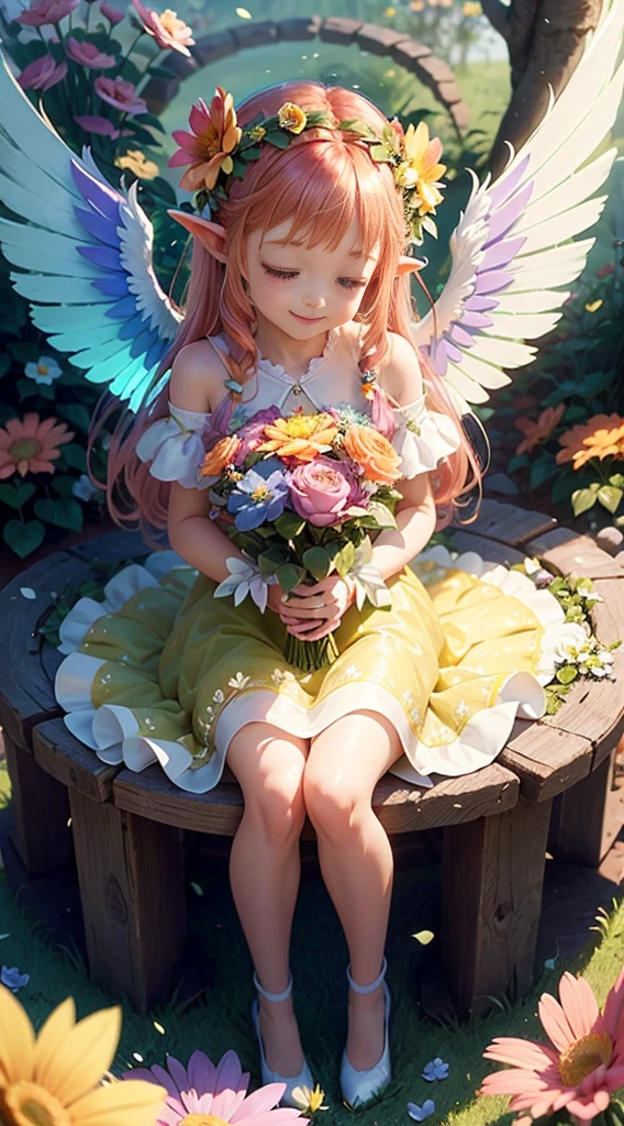 cute little Flowe rFairy, ,Big gradient angel wings Big wings Angel wings Rainbow gradient long hair Pointed ears Flower crown Dress made of leaves Flowers Sitting on a big flower Big flower Smiling gently Sparkling Sunshine