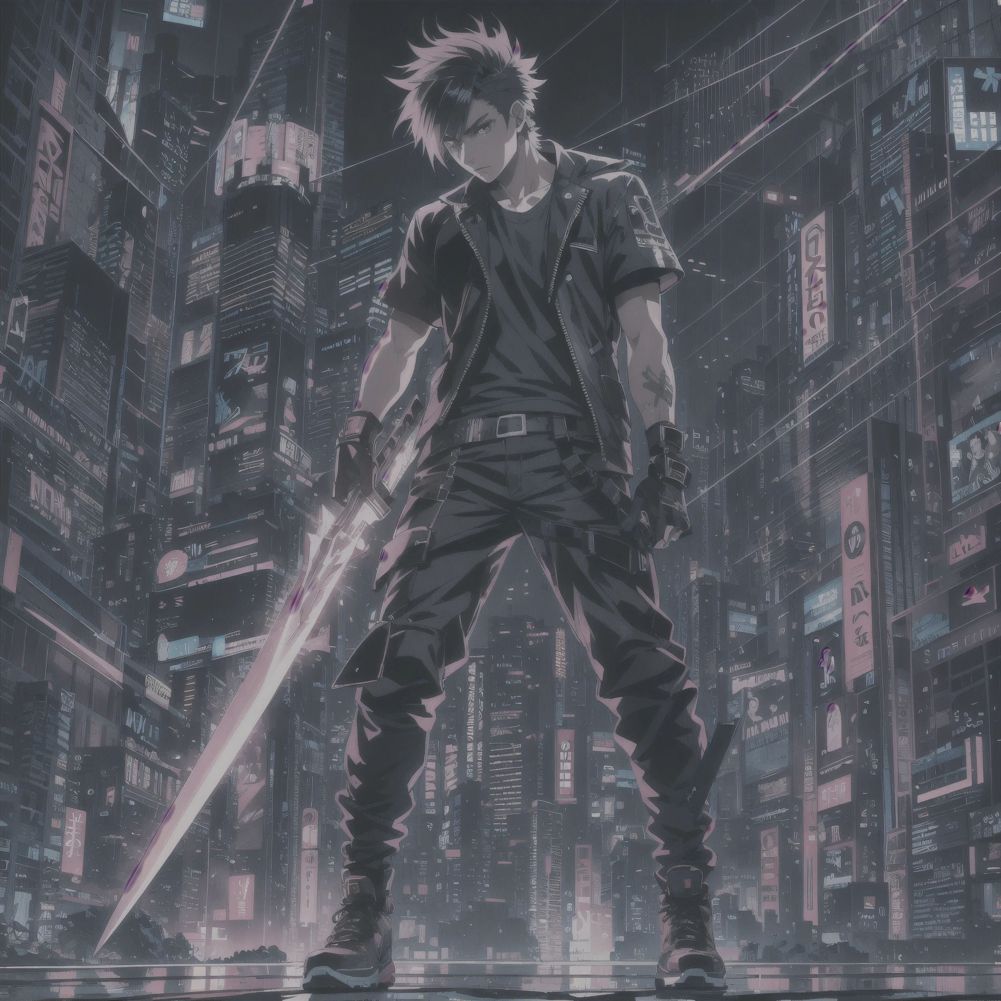 Man, solo, Short hair, Kusanagi Kyo, short, spiky hair with a slightly tousled look, often styled to have a cool, edgy appearance, wearing a black t shirt, long bermuda, sneakers, cyberpunk style, holding a giant sword(neon sword), 