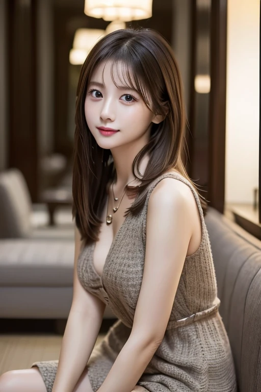 sfw、japanese01、((8ｋ))、 Best quality images、 (((Luxury hotel lobby))）,Chic dress, Sitting with good posture、（Looking at the audience）,, Straight Long Hair、Light Brown Hair,japaneese、38 years old、necklace、Professional Lighting、High-definition hair、((I can see your knees))、Looking down a little、Chin tucked、Enter、jpgirlEnter2、jpgirlEnter3.0、japanese01