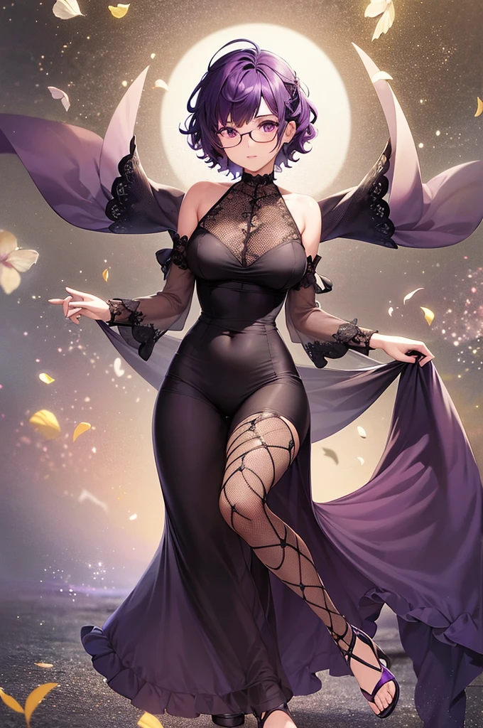 one girl, short very curly purple hair with dark purple strand, glasses, two-piece black color lace flower theme swim outfit, simple detaled, lovable, no background, dynamic pose,, full body ,detaled feet,short blouse with fishnet, flowers
