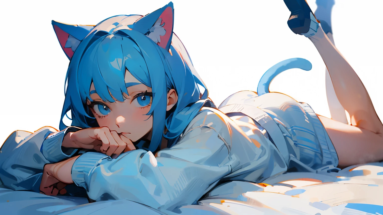((Best quality)), ((masterpiece)), (detailed), 1 anime from the edge, light blue hair, light blue eyes, lying in bed, white sweatshirt, lying on his stomach, looks at the camera, White background, perfect hands, cat's ears. stockings, long hair. perfect legs, 2 hands