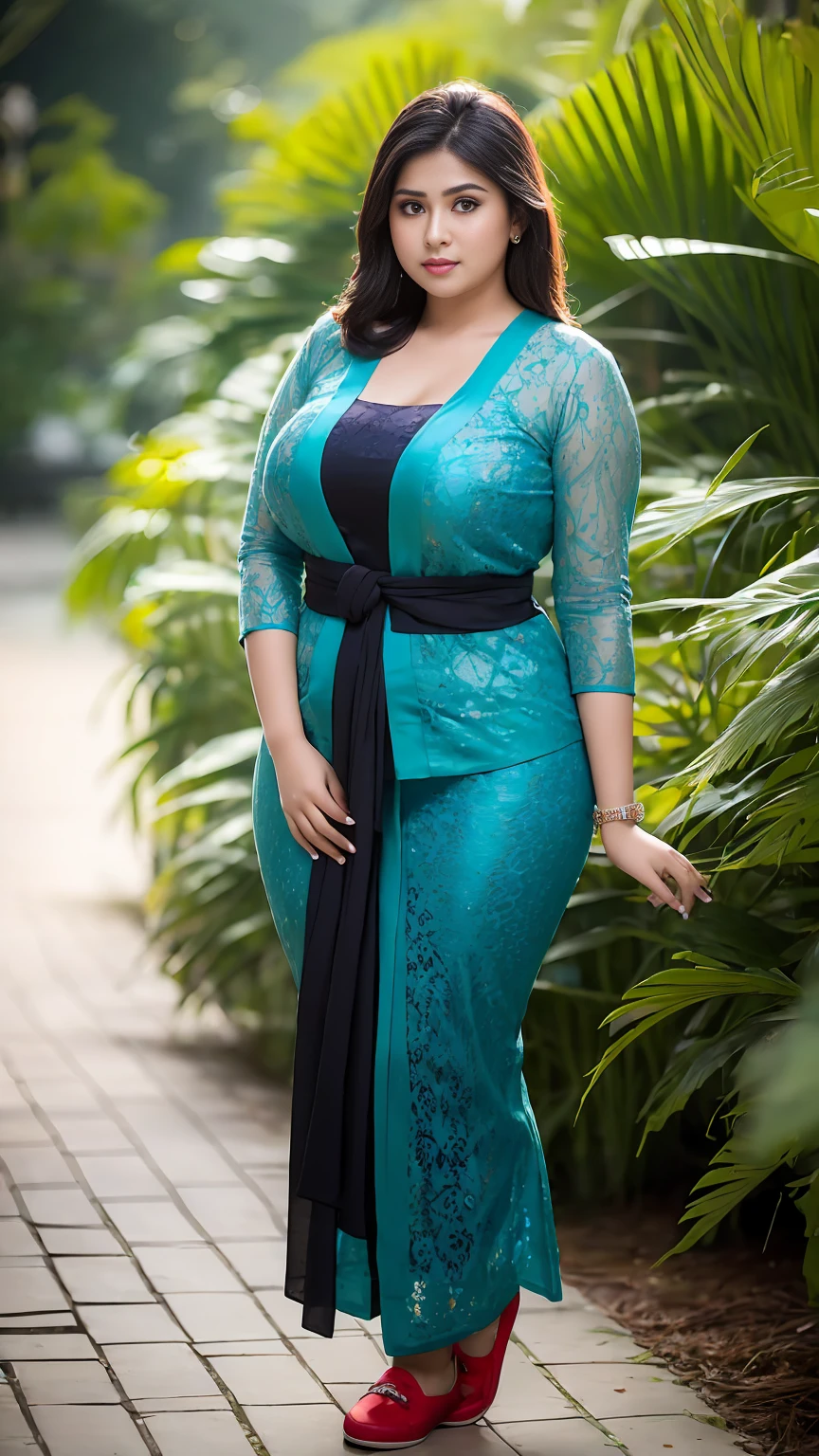 1 malay-Indonesian girl, modern plain hot deep neck top and dupatta, shy, medium portrait, watery eyes, wearing blue dark green kebaya, ((big breasts)), black bokeh background, well-proportioned body,, chubby massive thighs, full body pose, Hena art on the body, hena art on arms, full body view , wearing red sneakers ,