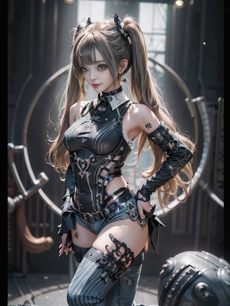 (Full Body View:1.4)、(Side view:1.2)、(Smiling with teeth showing:1.3),(Shibuya Gal:1.5)、(Gothic Lolita style fashion:1.5)、(Punk RockVisual Kei:1.5)、(Wearing a rhythmic gymnastics bodysuit with intricate details:1.4)、(Racing suit and pants with intricate decorations in white, denim and charcoal:1.5)、(Denim and light blue and white boots:1.3)、((belt))、(Numerous delicate logo marks all over the costume:1.4)、(collar:1.3)、(Striped underwear:1.5)、20-year-old、NSFW、((Highest quality、In 8K、masterpiece:1.3))、Sharp focus:1.2、(Layered Cut、Huge boobs:1.1),Beautiful woman with perfect figure:1.4、(Dancing vigorously:1.3)、Slender Abs:1.2、Highly detailed face and skin texture、Detailed eyes、double eyelid,(Twin tails:1.3)、(Brown-golden hair:1.3)、Gravure idol、(The background is the stage of the fashion show:1.3)、(Slim body:1.3),(Make your legs thinner:1.4),(clavicle:1.1)、(Thin and slim thighs:1.3)