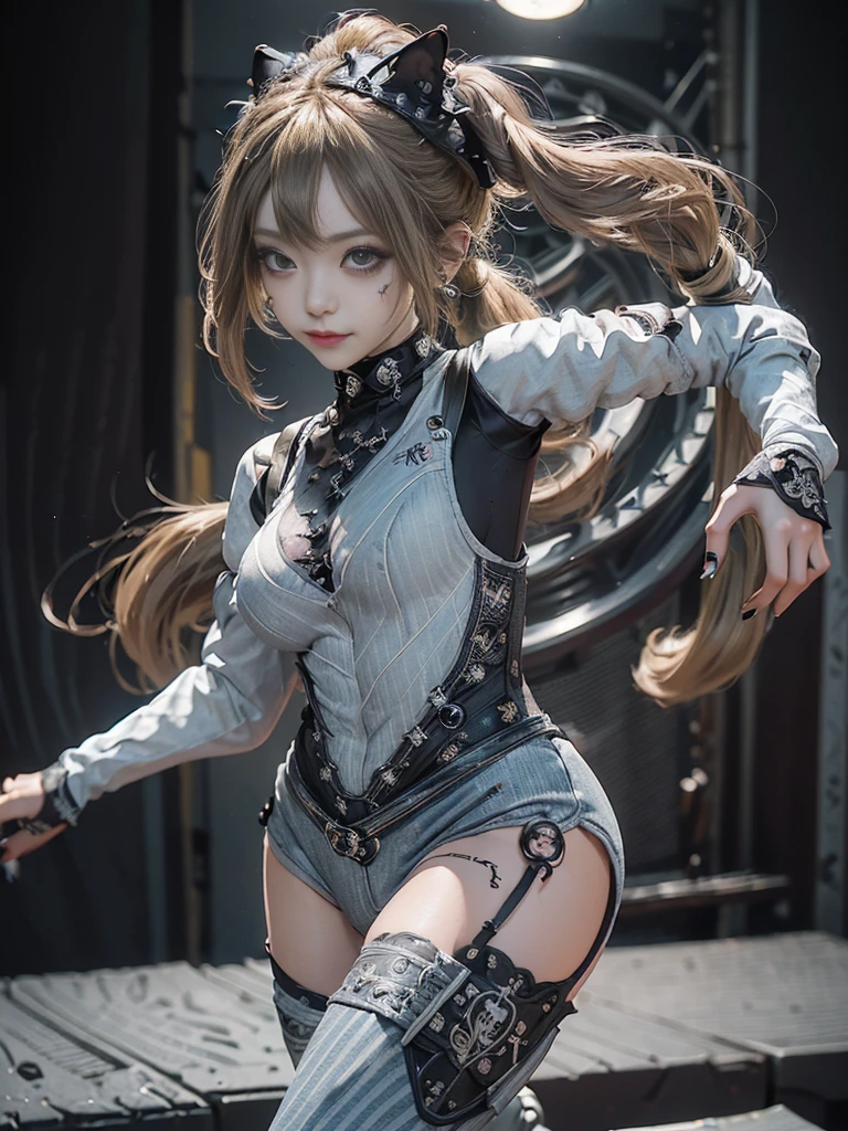 (Full Body View:1.4)、(Side view:1.2)、(Smiling with teeth showing:1.3),(Shibuya Gal:1.5)、(Gothic ta style fashion:1.5)、(Punk RockVisual Kei:1.5)、(Wearing a rhythmic gymnastics bodysuit with intricate details:1.4)、(Racing suit and pants with intricate decorations in white, denim and charcoal:1.5)、(Denim and light blue and white boots:1.3)、((belt))、(Numerous delicate logo marks all over the costume:1.4)、(collar:1.3)、(Striped underwear:1.5)、20-year-old、NSFW、((Highest quality、In 8K、masterpiece:1.3))、Sharp focus:1.2、(Layered Cut、Huge boobs:1.1),Beautiful woman with perfect figure:1.4、(Dancing vigorously:1.3)、Slender Abs:1.2、Highly detailed face and skin texture、Detailed eyes、double eyelid,(Twin tails:1.3)、(Brown-golden hair:1.3)、Gravure idol、(The background is the stage of the fashion show:1.3)、(Slim body:1.3),(Make your legs thinner:1.4),(clavicle:1.1)、(Thin and slim thighs:1.3)
