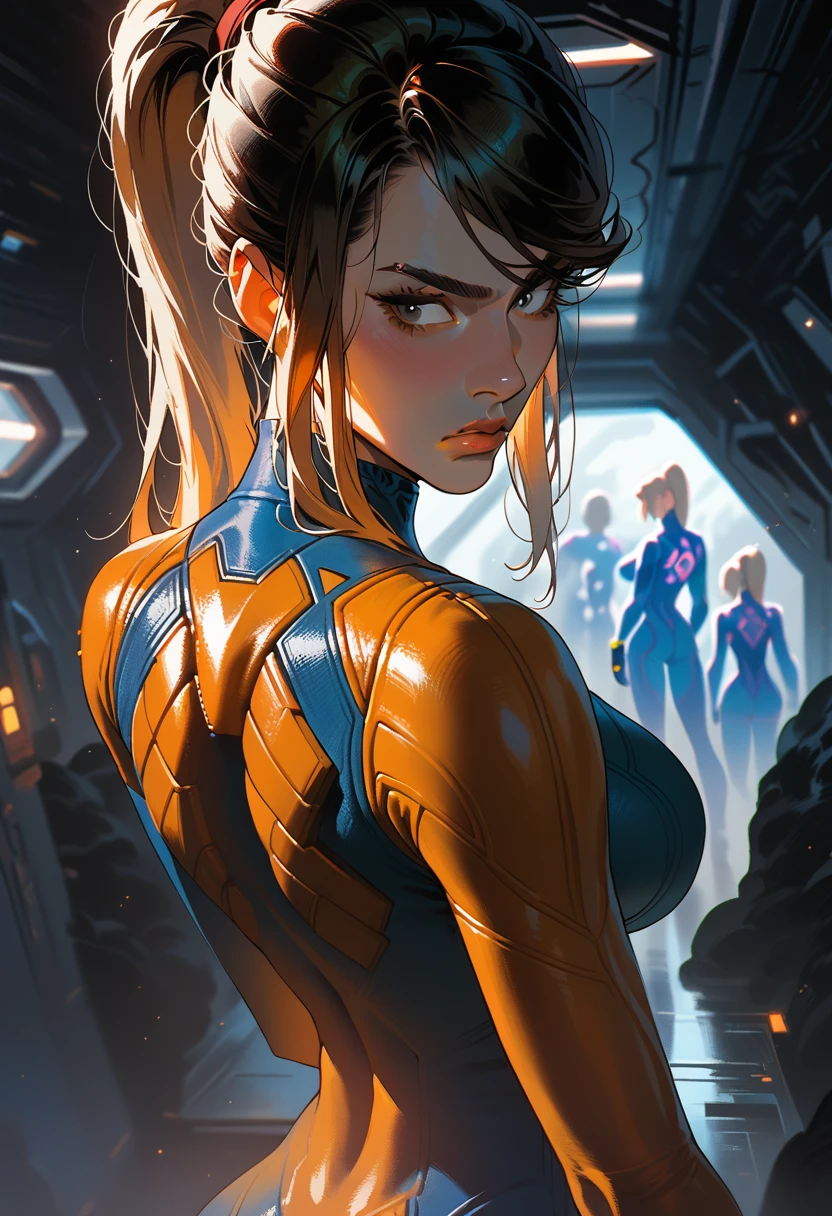 samus aran, looking annoyed, from behind, looking back, raised eyebrow, zero suit, large breasts, big ass, close up, dark painting of a coridor, space station, fog, dark clouds, dark dramatic lighting, 