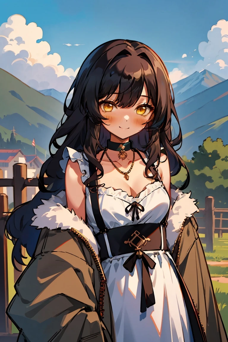 (masterpiece:1.2), (high quality:1.2), hui xiyi, rekkyo sensen, rekkyou sensen, (long wavy hair, one side up:1.45), solo focus, hand up, waving, girls with((black hair, bare shoulders, breasts,choker, cleavage,coat,collar,collarbone,cowboy shot, dress, frills, fur, fur collar, fur trim, hood down, hooded jacket, hoodie, jacket, large breasts, long hair, long sleeves, belt, suspenders, medium breasts, medium hair, necklace, open clothes, open hoodie, sleeveless, solo, winter clothes, zipper, upper body)), background with ((architecture, blue sky, bush, castle, village, no humans, cloud, cloudy sky, day, fence, field, garden, grass, hill, house, lamppost, landscape, mountain, mountainous horizon, nature, no humans, outdoors, scenery, shrine, sky, tower))