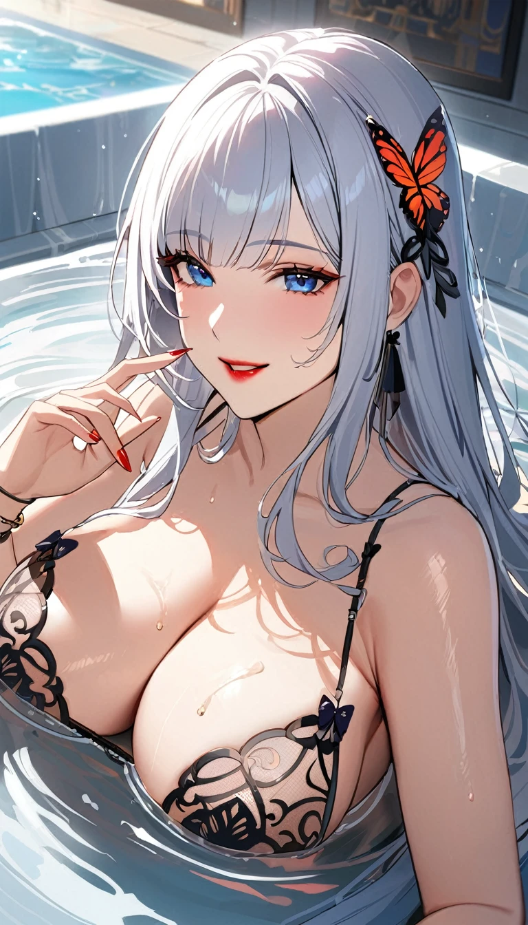 1 Girl, Solitary, Long hair, Smile, blue eyes, Hair accessories, Jewelry, White hair, Shut up, Bangs, Nail polish, bracelet, Red nails, red lips, (Butterfly shape Lingerie),White water,(Big bath:1.2), Lying down,(masterpiece:1.5),(best quality:1.2),