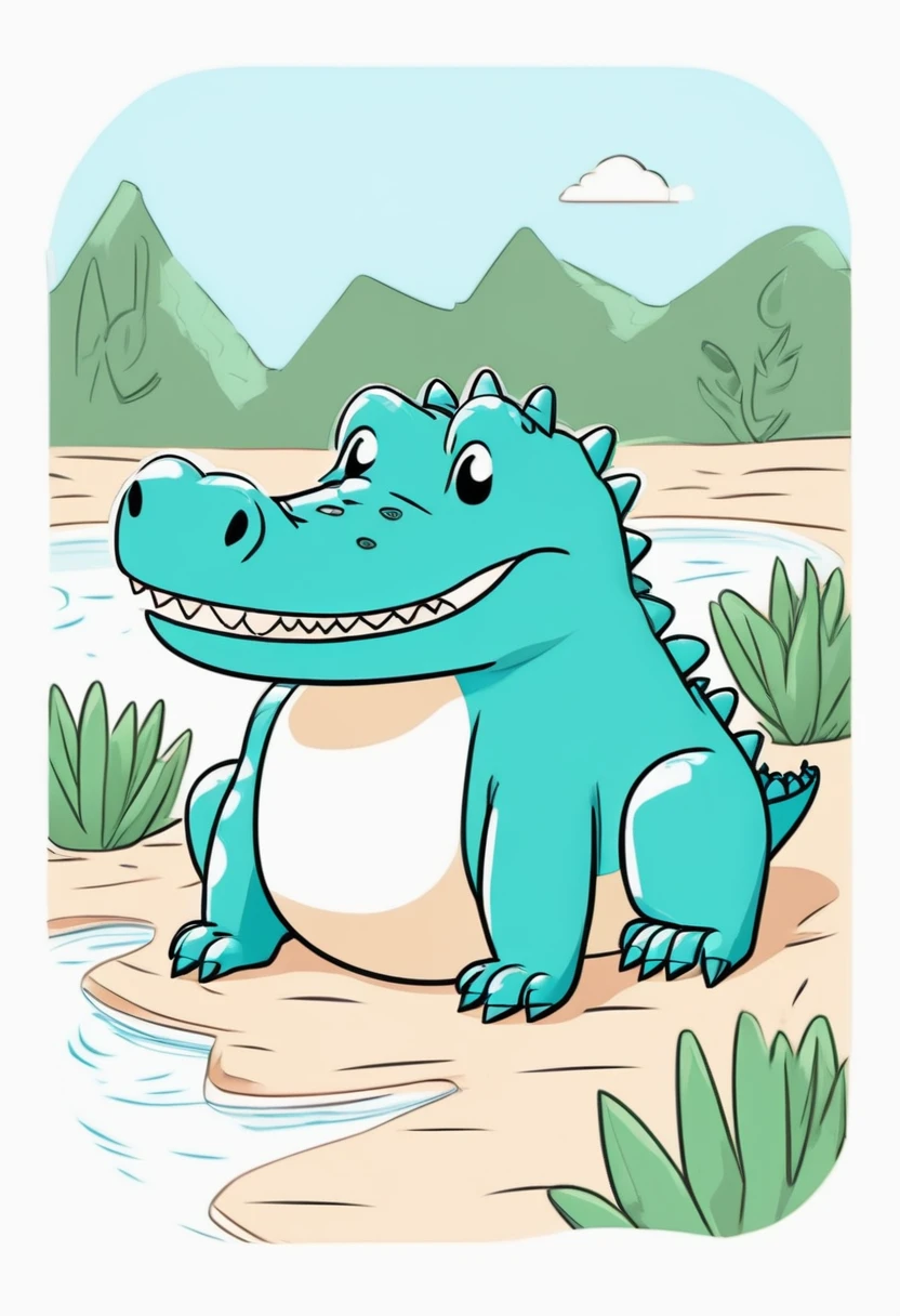 Low quality, line art, One crocodile, cute, (fluffy), (stuffed), blue, smiling, landscape, swim, White backgroun
