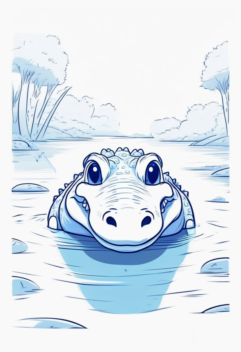 Low quality, line art, One crocodile, cute, (fluffy), (stuffed), blue, smiling, landscape, swim, White backgroun