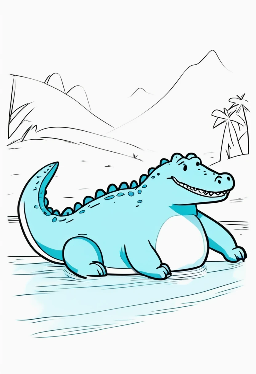 Low quality, line art, One crocodile, cute, (fluffy), (stuffed), blue, smiling, landscape, swim, White backgroun