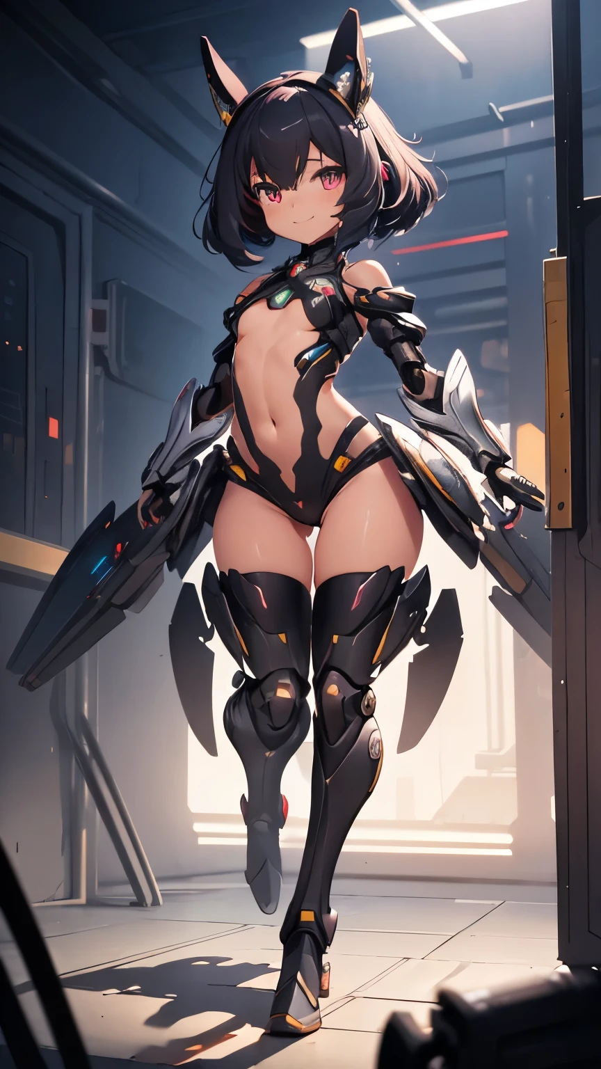 Best Quality, High resolution, Ultra-detailed, Anatomical, (Exact ratio), 1girl, small, tobbler, smile, flat chest, full body shot, mechanical, thigh high armor, shorts, Rubber luster