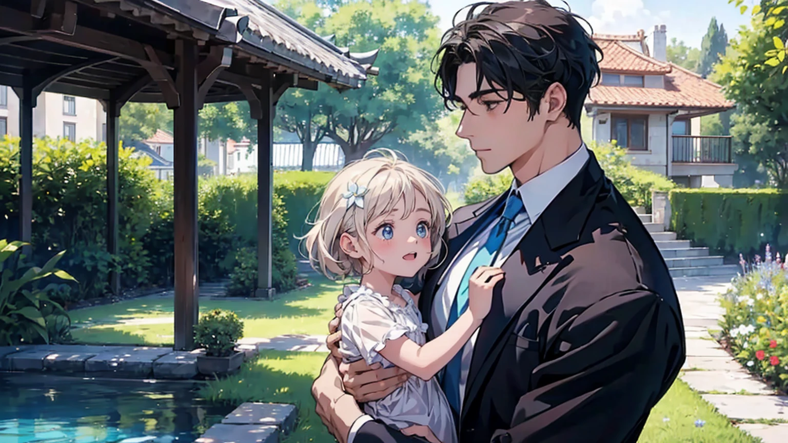 "Under the clear blue summer sky, in the garden of a modern house in Pula, Croatia, a young father is warmly and tightly holding up his young twin children, a boy and a girl. The father, once Constantine I, displays an expression of love and forgiveness, showing no signs of fatigue from work. The twins, once Crispus and Fausta, have innocent and radiant smiles, enveloped in a sense of security in their father's arms. In the background, the sparkling sea and the stylish modern house bathed in summer sunlight extend. Light and shadow intertwine perfectly, with the whole scene exuding a glow symbolizing purification and relationship restoration."。Also friendly and pleasant relationship、divine atmosphere、A paradise of greenery and flowers、heaven、Blessings and Blessings、Beautiful fece、brilliance、ultra-quality、Ultra-high resolution、ultra-definition、Super beautiful、​masterpiece、
