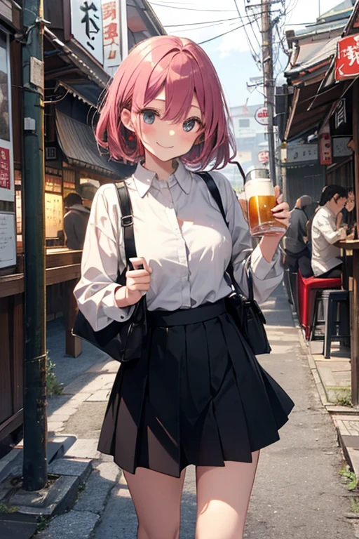 （Cute older sister:1.3）、Long eyelashes、smile,Spring atmosphere、evening、Aggressive、hot、((Strong winds))、Black Skirt、Shining Eyes、Dress shirt、Izakaya、Beer in the right hand、Drunk、Red cheeks