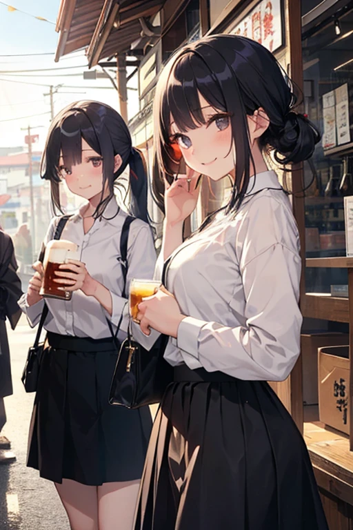 （Cute older sister:1.3）、Long eyelashes、smile,Spring atmosphere、evening、Aggressive、hot、((Strong winds))、Black Skirt、Shining Eyes、Dress shirt、Izakaya、Beer in the right hand、Drunk、Red cheeks
