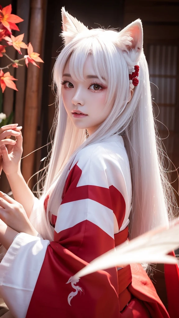 White Demon Fox、Nine-tailed Fox、Japanese women、kimono、Fair skin、Red lines on face、8K、I have long hair