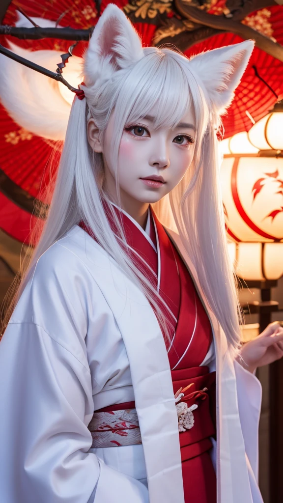 White Demon Fox、Nine-tailed Fox、Japanese women、kimono、Fair skin、Red lines on face、8K、I have long hair