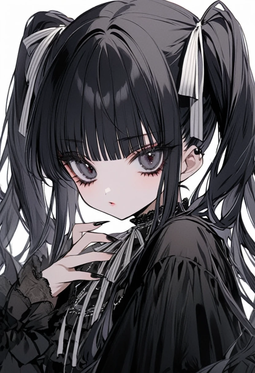 Black Hair、Twin tails、Long Hair、black eye、Wearing large colored contact lenses、Neat bangs、Black Lolita Clothing、Large silver ribbon、girl、Black nails、White background