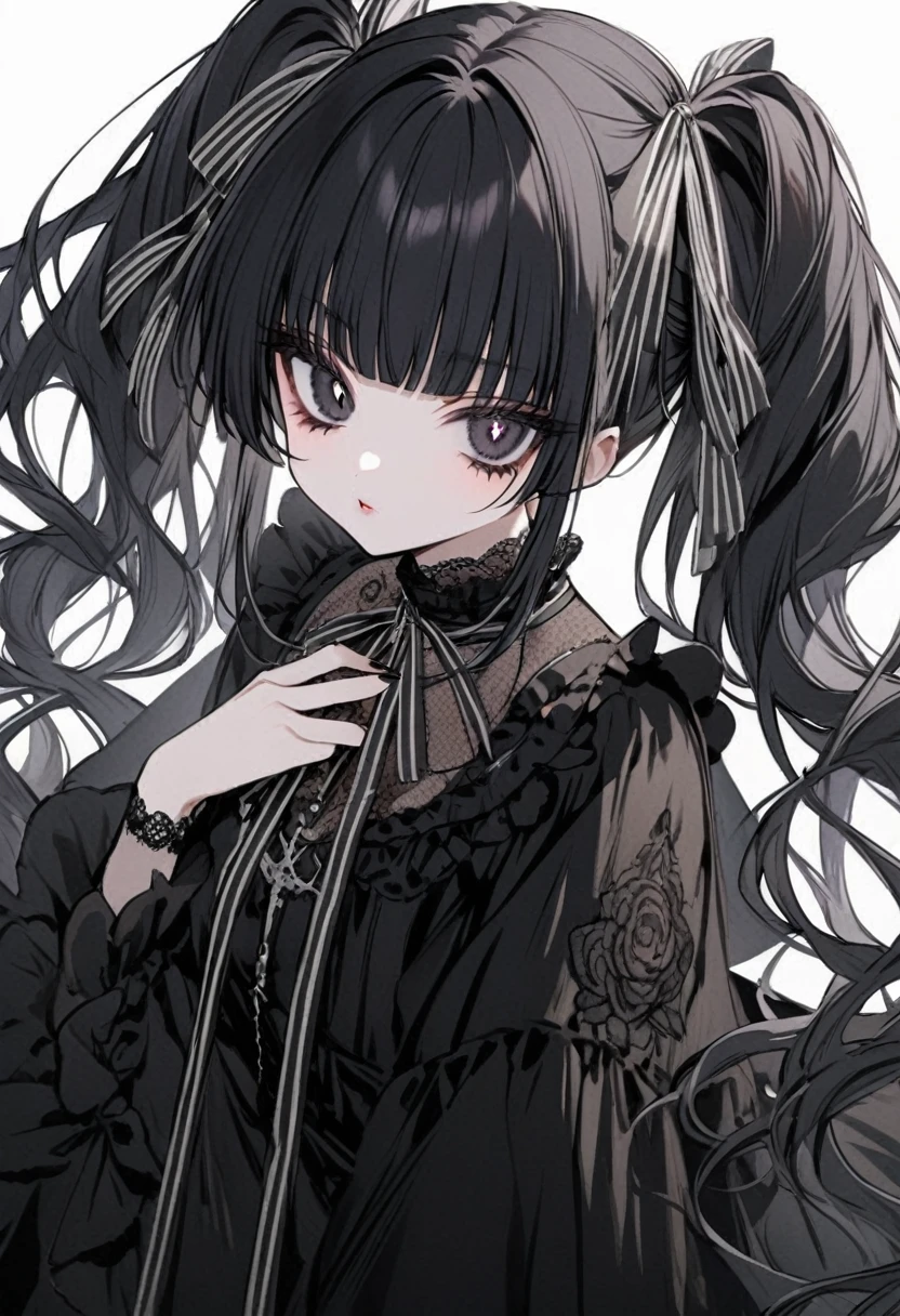Black Hair、Twin tails、Long Hair、black eye、Wearing large colored contact lenses、Neat bangs、Black Lolita Clothing、Large silver ribbon、girl、Black nails、White background