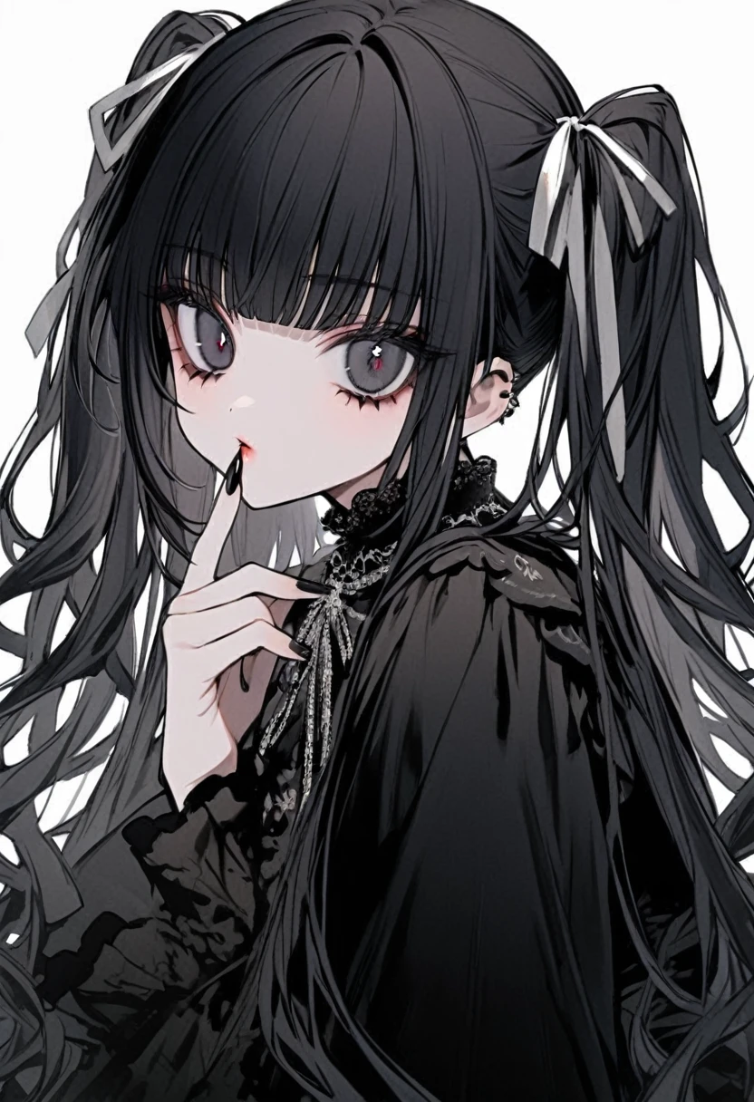 Black Hair、Twin tails、Long Hair、black eye、Wearing large colored contact lenses、Neat bangs、Black Lolita Clothing、Large silver ribbon、girl、Black nails、White background