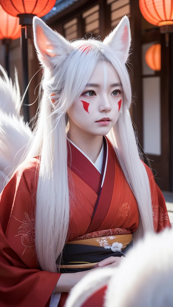White Demon Fox、Nine-tailed Fox、Japanese women、kimono、Fair skin、Red lines on face、8K、I have long hair