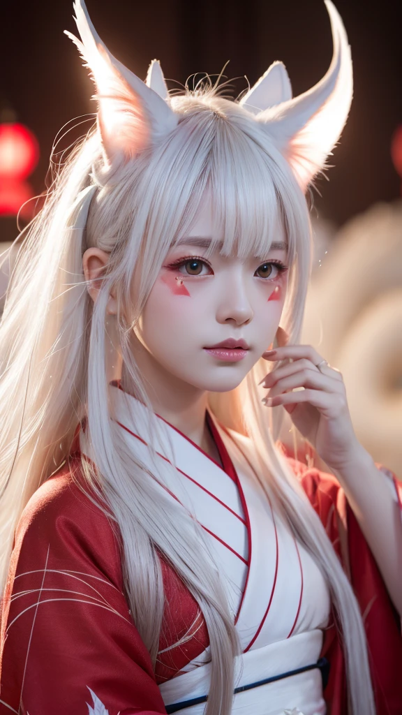 White Demon Fox、Nine-tailed Fox、Japanese women、kimono、Fair skin、Red lines on face、8K、I have long hair