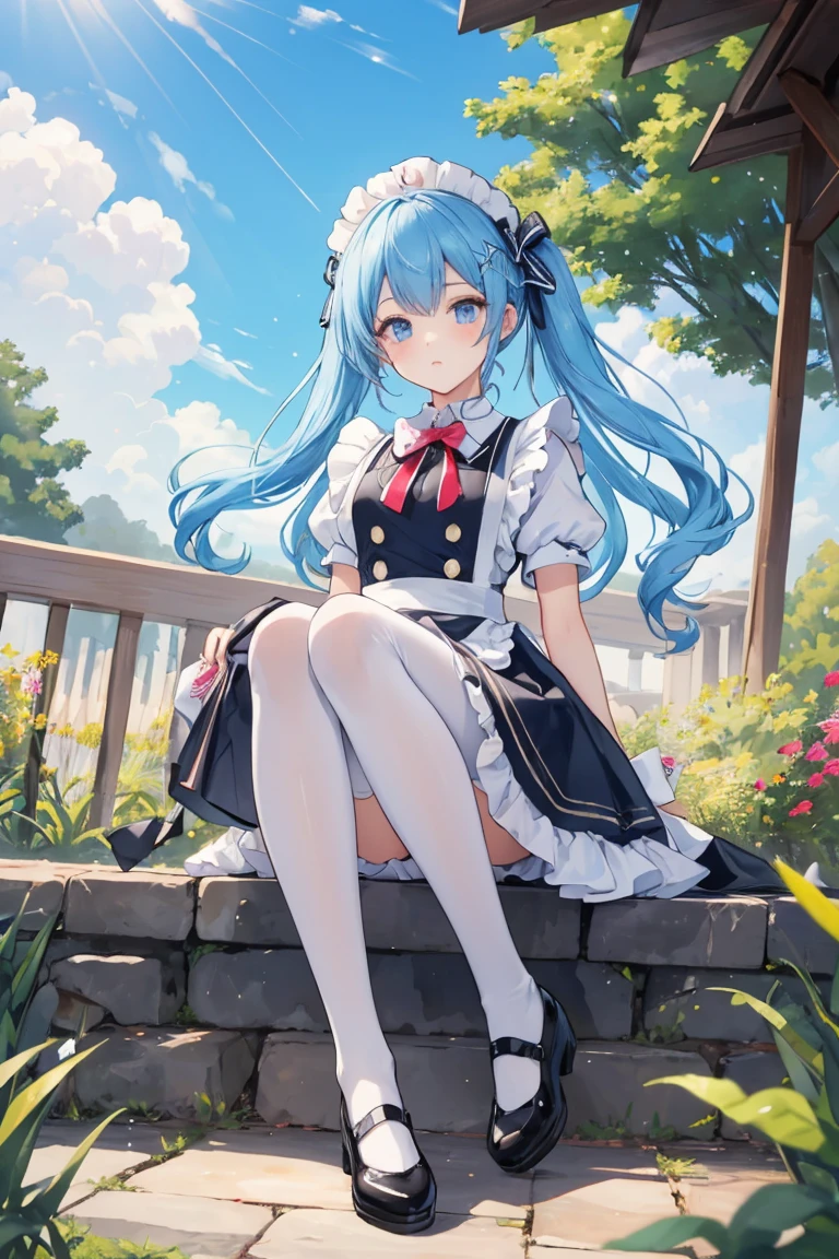 （tmasterpiece：2.0，best qualtiy），（Fine beautiful eyes：2.0），ph_rem，Remhd，1girll，Blue hair，solo，eBlue eyes，x hair accessories，legs ornaments，Bow knot，Long thick socks，lacepantyhose，****ta heels，****ta shoes，Rossvale Mansion maid uniform，full bodyesbian，Two hands，two legs，Photo art，maidennurse，Skysky，rays of sunshine，the trees，wave，