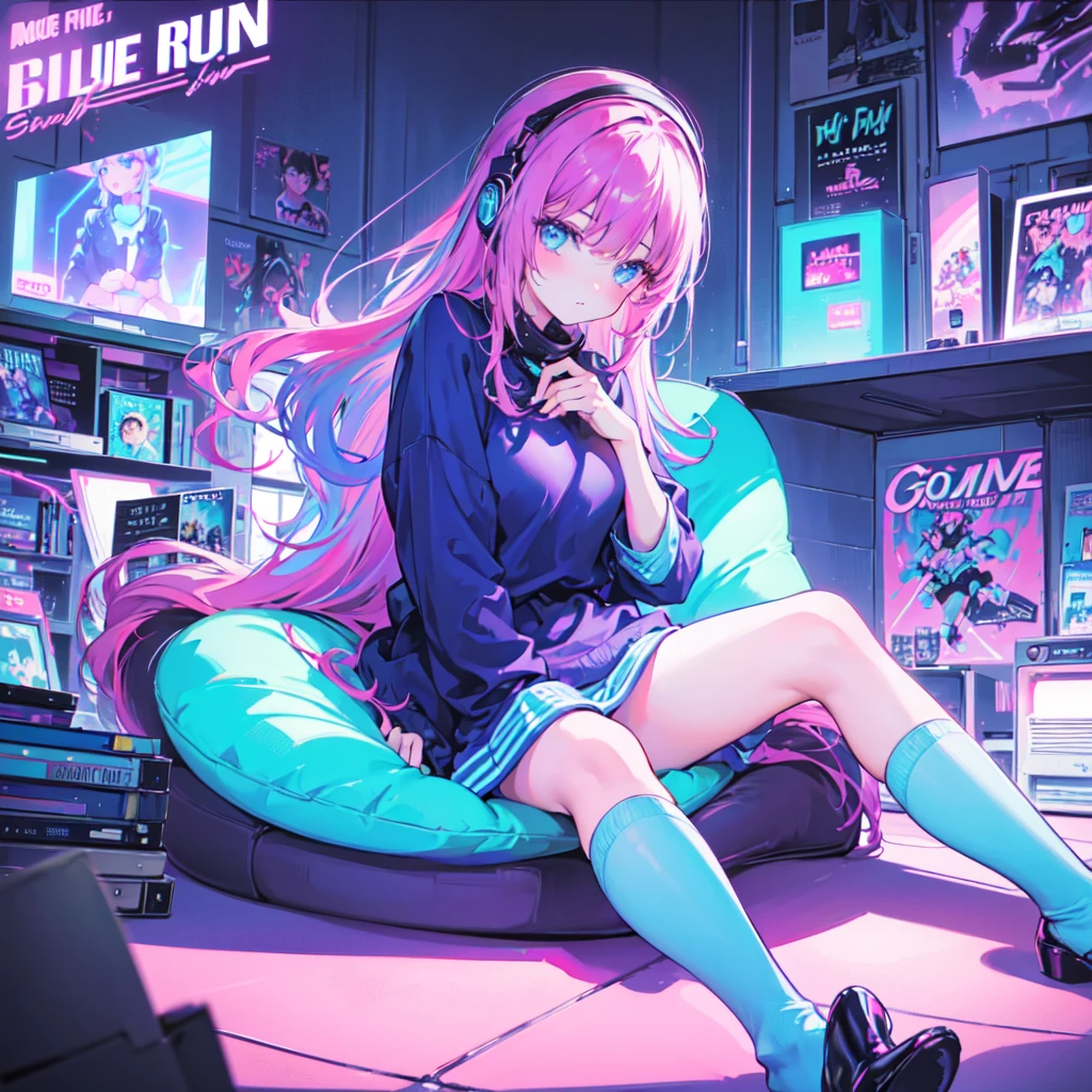 (masterpiece), Highest quality, Expressive eyes, Neon pastel aesthetics, Retro 90s, Neon color,((Girl sitting on sofa,In a cozy room,Records hanging on her wall, Comic books on the floor, Looking out the window behind her at the night city, Upholstered room, Anime figures lined up on a shelf)), Wearing headphones, (All around her it sparkles), (Wearing high socks and heels), (blue eyes), (Soft look), ((Synthwave Art Style)), Colorful Hair, Desk with PC set up