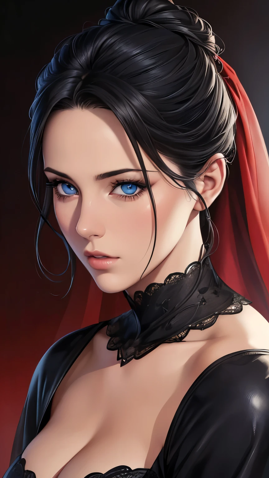 (Highest quality,4K,8K,High resolution,masterpiece:1.2),Super detailed,(Realistic,Realistic,Photorealistic:1.37),Beautiful and delicate blue eyes,long black hair in a high bun,detailed red veil,Portraiture,Sharp focus,Professional,Vibrant colors,Dark Background,Studio Lighting