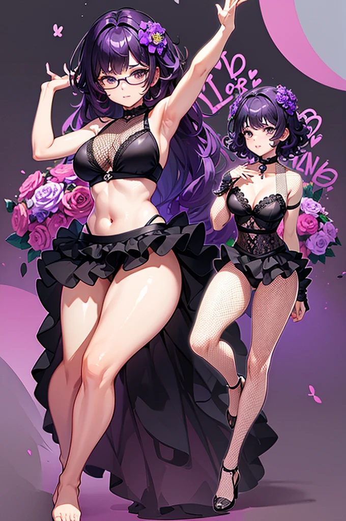 one girl, short very curly purple hair with dark purple strand, glasses, two-piece black color lace flower theme swim outfit, simple detaled, lovable, no background, dynamic pose,, full body ,detaled feet,short blouse with fishnet, flowers