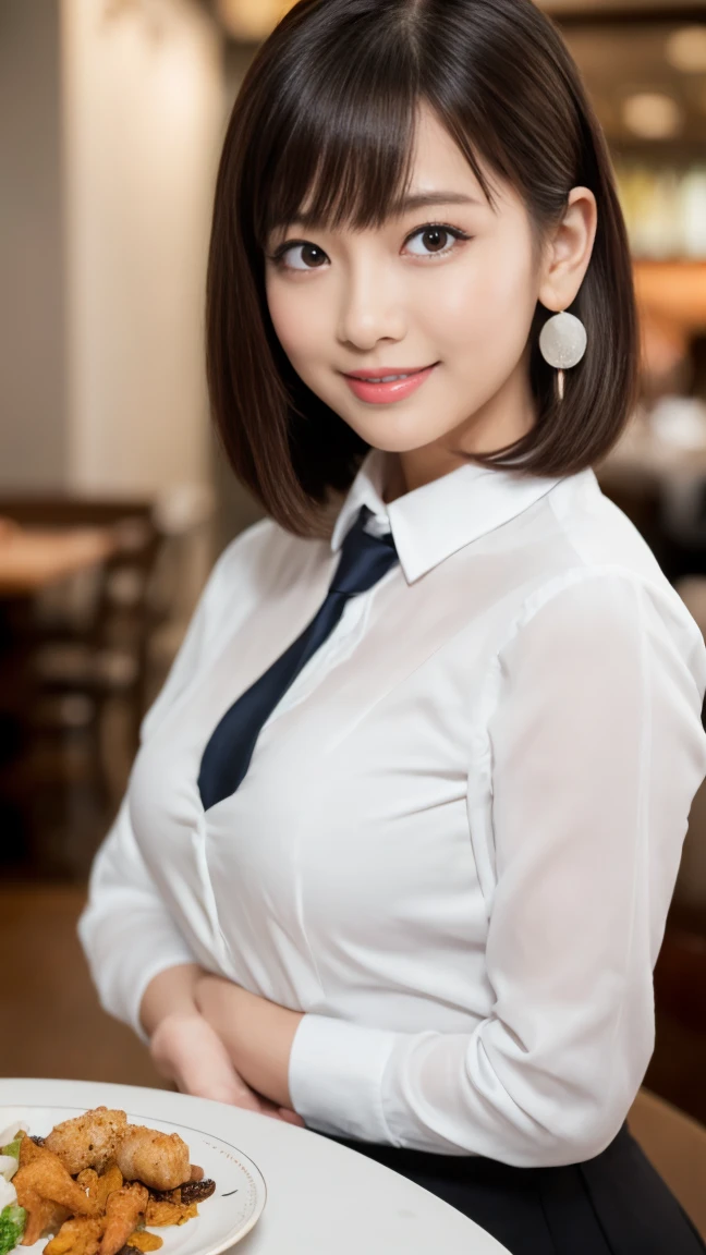 (masterpiece)、(Highest quality:1.5)、(Photorealistic:1.2)、(Surreal), (High resolution), (Realistic), (Post-processing),(Sharp focus), Sharp focus:1.2,Backlight, (Improvement of quality:1.4), (Narrow waist)、Big Ass、((Perfectly detailed five-fingered hands)),(Anatomically correct body)、((1 female:1.4))、Japanese、Realistic Skin、(Small chest:1.4)、Bust size is A cup、Pretty woman with perfect figure:1.4,(from the front:1.5), (Enhances the beauty of skin texture:1.1),No makeup、美しいBlack Hair、The best smile、Natural color lip、(Small Mouth:1.4)、The mouth is not open、Thick lips、(Oval Face)、Even bangs、Hide eyebrows with bangs、((33-year-old woman))、Bob Hair、Hair blowing in the wind, (Black Hair, Iris, Watery eyes, Shining Eyes, Bob Cut Hair, Small earrings,), Hair behind the ear、No makeup、(Drooping eyes)、(((One lovely woman)),((A big friendly smile)),(( Small breasts,Small breastsの谷間)),((((Plump Cheeks)))),((whole body:1.5)),very cute,(Baby Face),高級restaurantで、full-course dinner、Wine Party、Bright image、The beauty of wine, Beautiful Face, red wine 、Appetizers、Italian food、Wine bottle、Champagne、sparkling wine、(slimな顔), (The body is slim),restaurant, White wine, slim, wine glass, 中央に置かれたwine glass, Beautiful fine grain, Depth f/2,saturation, High Contrast, Strong light and shadow,Moist Body:1.5、3D texture、Delicate eyes、((In front of the food on the table:1.5))、White collar shirt and tie、erious expression
