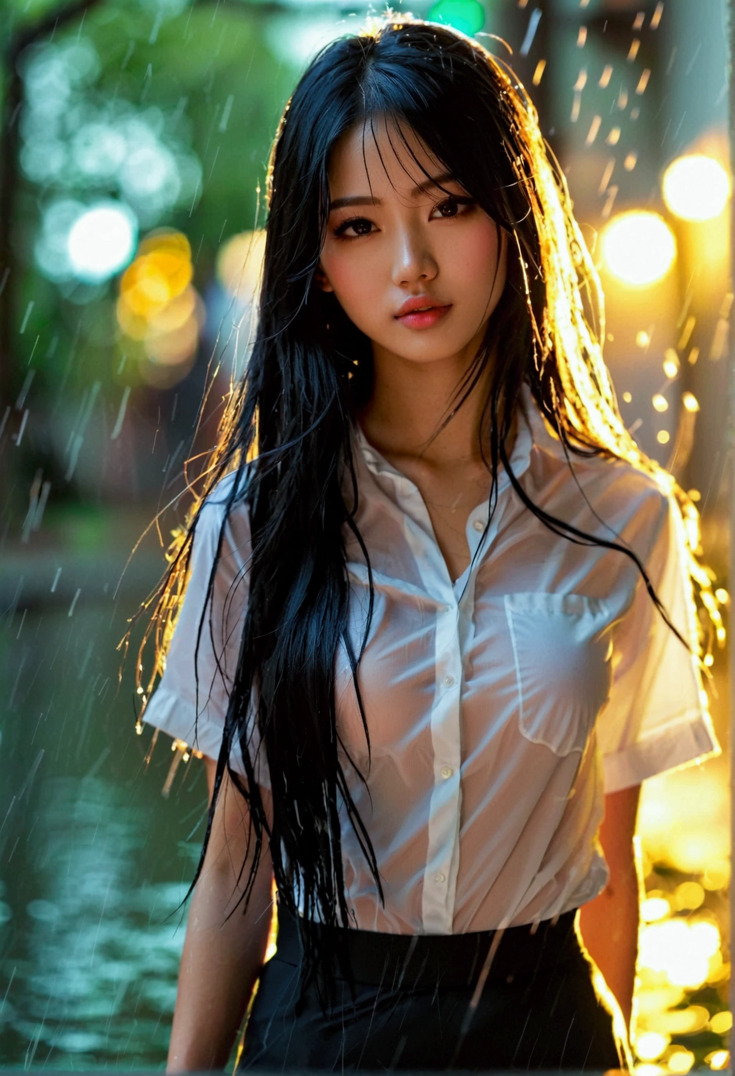 ((Nipples visible through a wet white shirt))、No underwear、Full body view、Long straight black hair、high school student、uniform、sexy、bra、Japanese、、