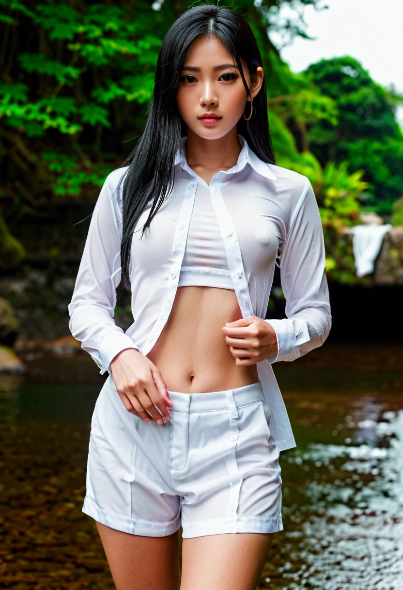 ((Nipples visible through a wet white shirt))、No underwear、Full body view、Long straight black hair、high school student、uniform、sexy、bra、Japanese、、