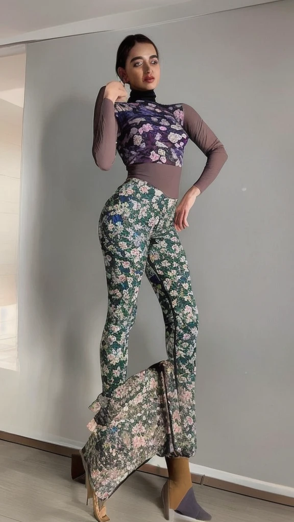 (sultry euro babe standing with hands on hips in a [sheer:skin tight sheer:15] top tucked into floral print [leggings|pantyhose]), see-through leggings, skin tight top, (shirt tucked in), [ :(large breasts), (curvy):0.2], sharp focus, hires, makeup, thick thighs, [ lipstick] , [full body] , (wide hips) , office pantyhose