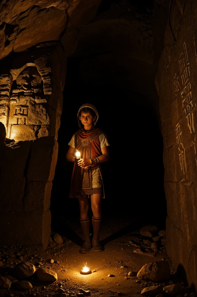 Ram cautiously exploring the dimly lit cave with a torch, the walls adorned with ancient carvings and symbols.