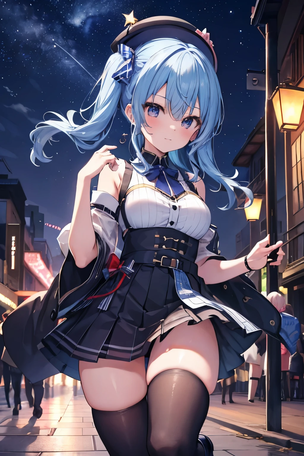 Hoshimachi Suisei, Hololive, matur, casual dark outfit, casting stars magic in middle of town on midnight, panorama, landscape,Very large breasts、Bare your breasts、Exposing the breasts、Black knee-high socks