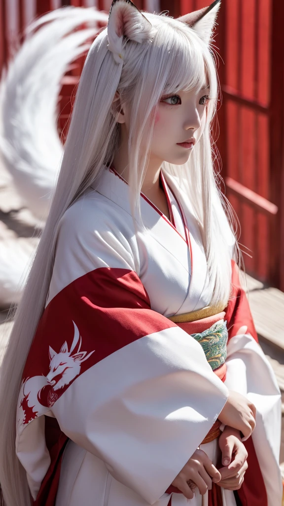 White Demon Fox、Nine-tailed Fox、Japanese women、kimono、Fair skin、Red lines on face、8K、I have long hair