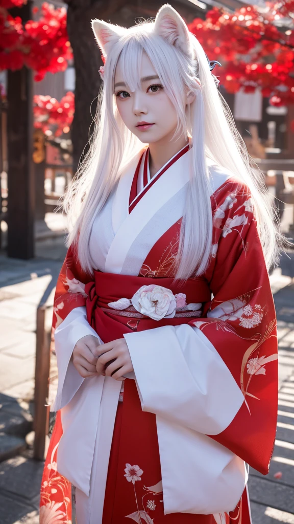 White Demon Fox、Nine-tailed Fox、Japanese women、kimono、Fair skin、Red lines on face、8K、I have long hair