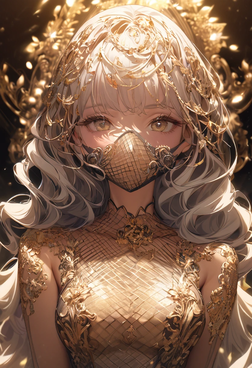 supermodel with detailed long curly frizzy flowy hair, wearing golden (translucent and intricately embroidered) (metallic surgical mesh mask) covering face, ((obscured mouth)), wearing weird future fashion,  luxurious and intricate golden accents, cinematography, intricately detailed, crafted, meticulous, magnificent, maximum details, extremely hyper aesthetic, bokeh, professional photoshoot