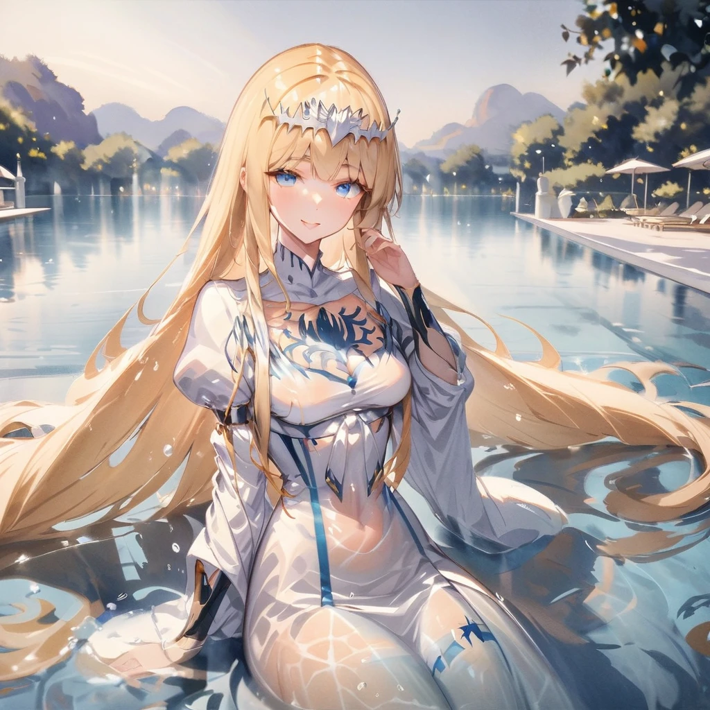 Top quality, masterpiece, watercolor painting, glowing water drops, double exposure, swimming in the pool, splashes, best smile, light reflections on the water surface, 1girl,solo, calca, blonde hair, ,( extremely long hair), very long hair, extra long hair, white tiara, white dress, blue eyes,Calca Bessarez, medium breast,Calca,