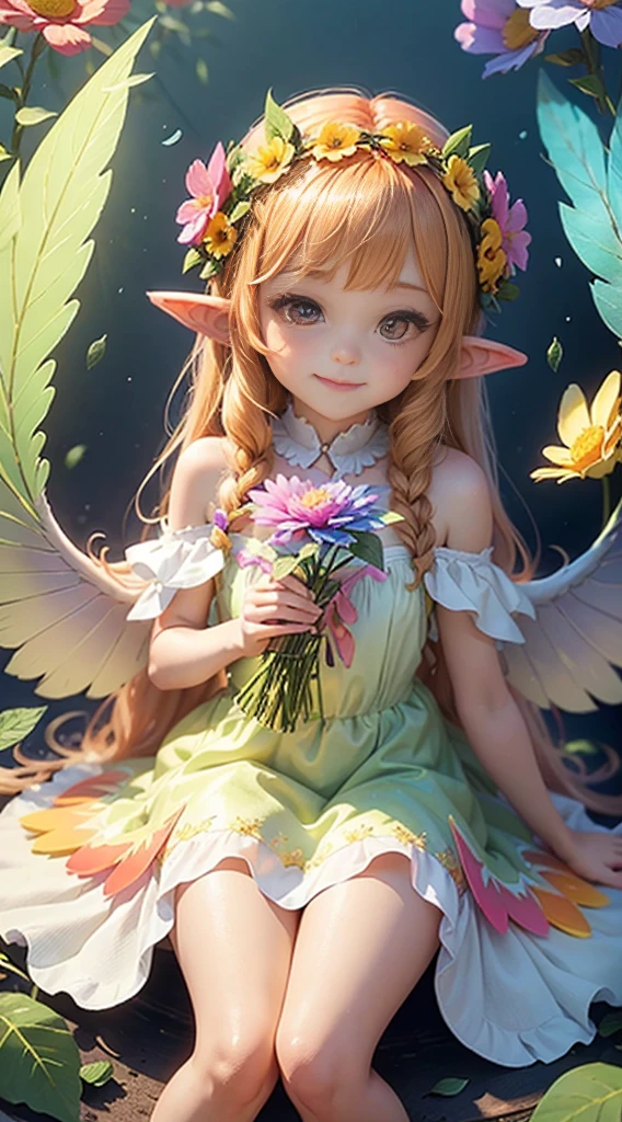 cute little Flowe rFairy, ,Big gradient angel wings Big wings Angel wings Rainbow gradient long hair Pointed ears Flower crown Dress made of leaves Flower Sitting on a big flower Big flower Smiling gently Sparkling Sunshine Big flower