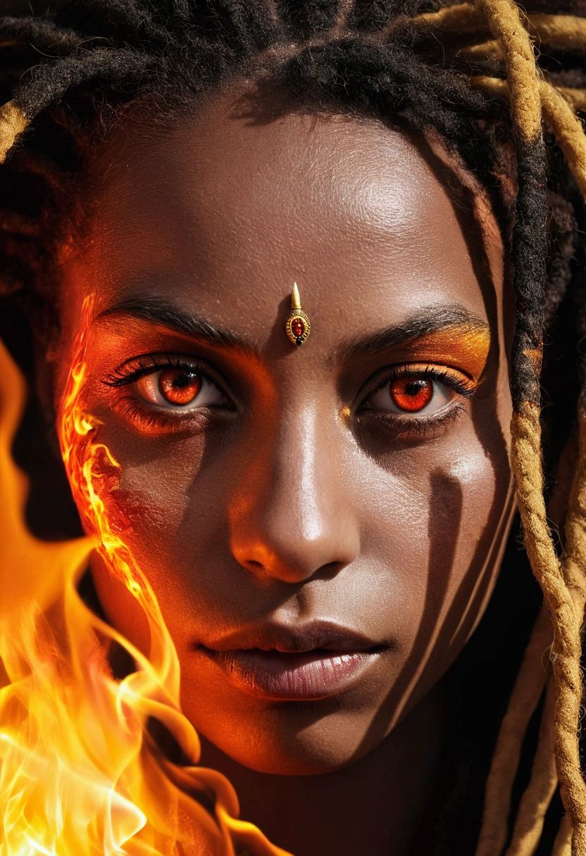 RAW photo of an (rastafari:1.3). Woman, 24 years old, a macro-close-up of a woman's face with fire on her face, half of the face, fire in eyes, bright fire eyes, fire eyes, fiery eyes, red fire eyes, (cheekbones), fiery hair, thin nose, great digital art with details, face melting into the universe, fire particles in front, fire through eyes, highly detailed vfx portrait, glowing ember eyes, cinematic digital art, fire particles, fiery scorching red eyes.