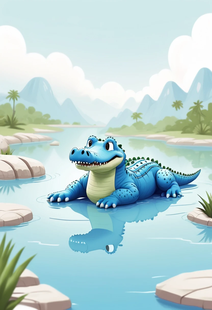 Low quality, line art, One crocodile, cute, (fluffy), (stuffed), blue, smiling, landscape, swim, White background,