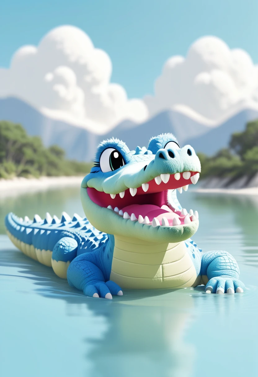 Low quality, line art, One crocodile, cute, (fluffy), (stuffed), blue, smiling, landscape, swim, White background,