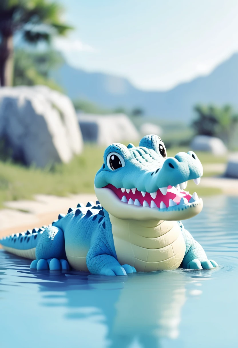 Low quality, line art, One crocodile, cute, (fluffy), (stuffed), blue, smiling, landscape, swim, White background,