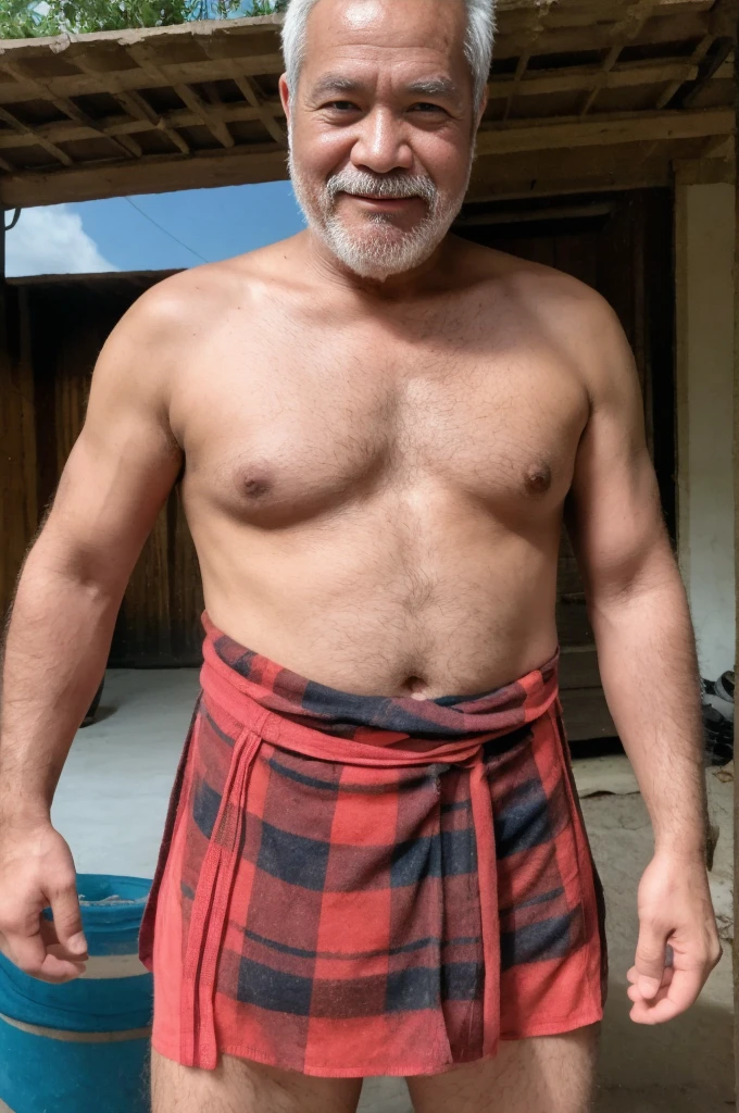 Old Asian man 70 years old, loincloth tied around his waist(Thai Loincloth(plaid cloth)), Old Thai man, construction worker, White hair, white mustache, very hairy, big meaty pecs, tank top, No pants, no underwear, dick clearly visible, Dick erect