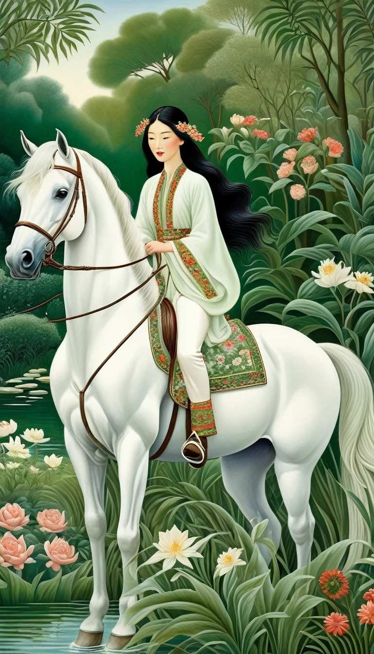 The Oriental girl rides a white horse in the garden, by the lake, the breeze blows her long hair, the dense green plants,in style of Angela Barrett and henri rousseau
