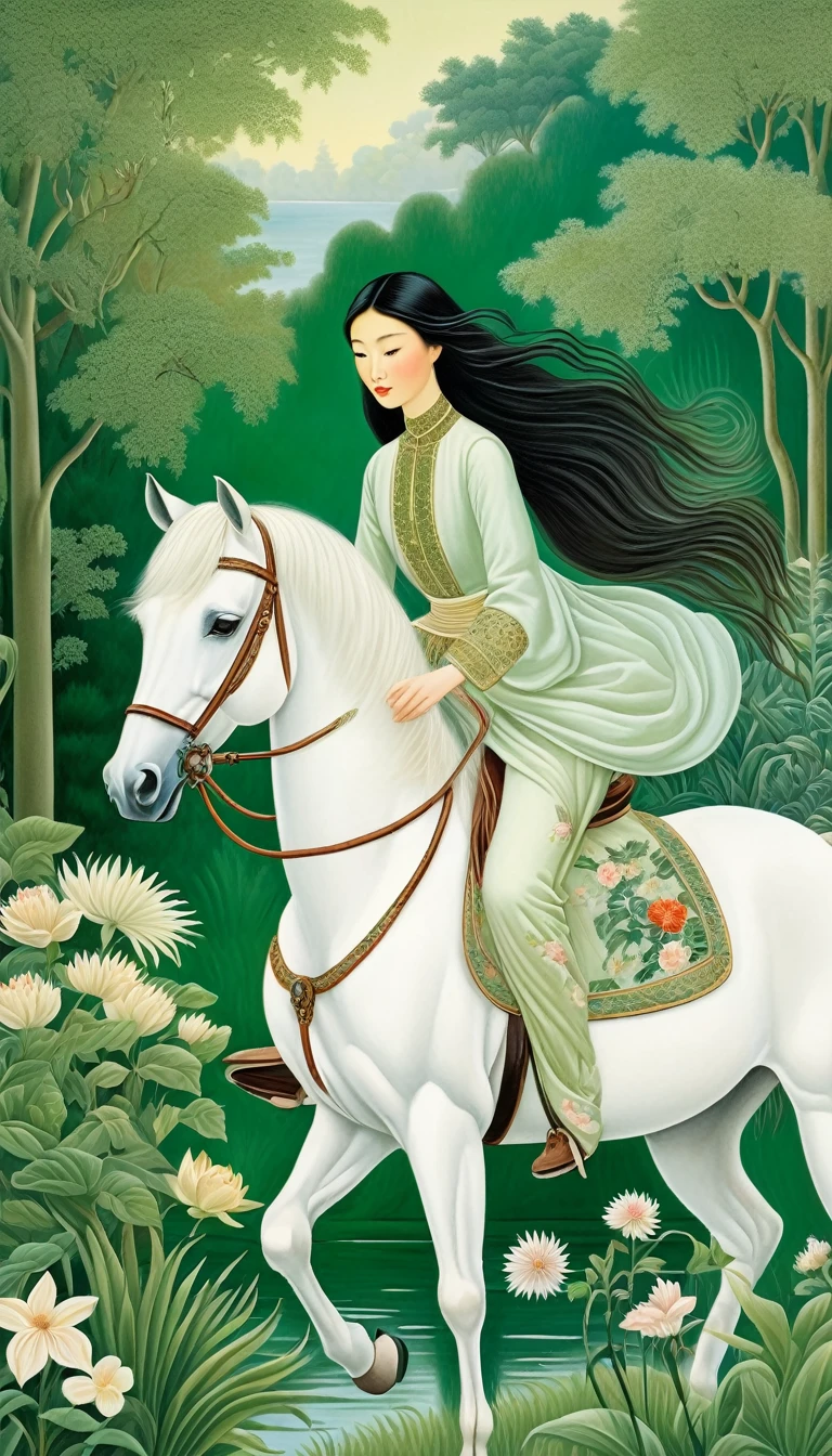 The Oriental girl rides a white horse in the garden, by the lake, the breeze blows her long hair, the dense green plants，in style of Angela Barrett and henri rousseau