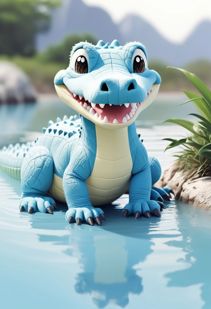 Low quality, line art, One crocodile, cute, (fluffy), (stuffed), blue, smiling, landscape, swim, White background,